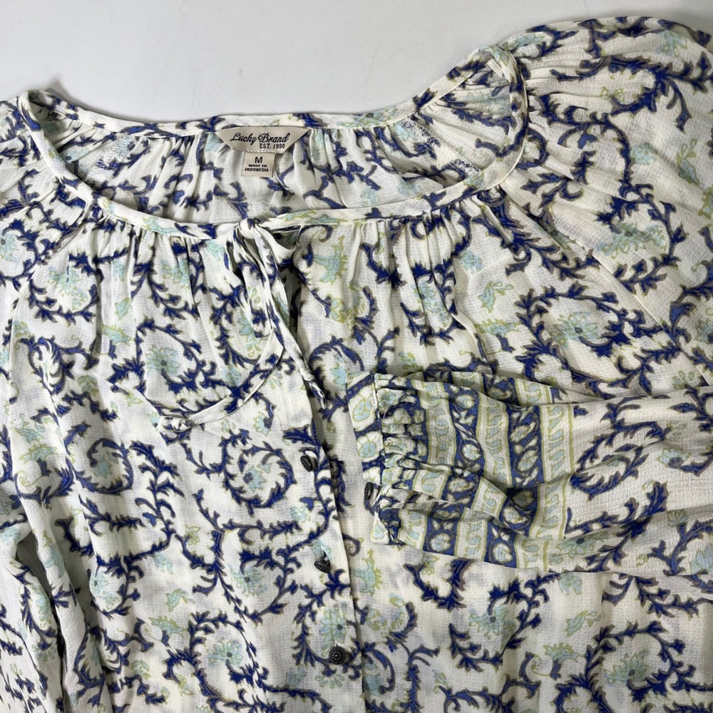 Lucky Brand Womens Medium Blue Floral Boho Peasant Top Rayon Hippie Casual